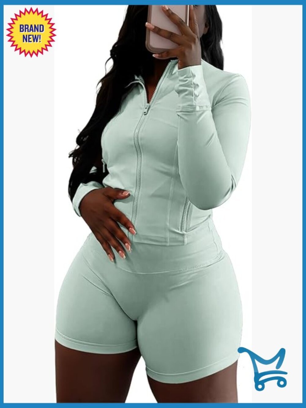 2 Piece Long Sleeve Zip Jacket & Biker Shorts Set